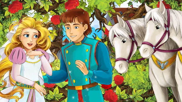 Cartoon Lyckliga Paret Talar Trädgård Full Rosor Illustration För Barn — Stockfoto