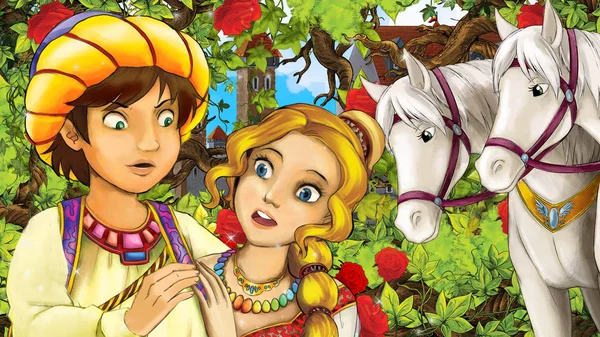 Dibujos Animados Feliz Pareja Hablando Jardín Lleno Rosas Ilustración Para — Foto de Stock