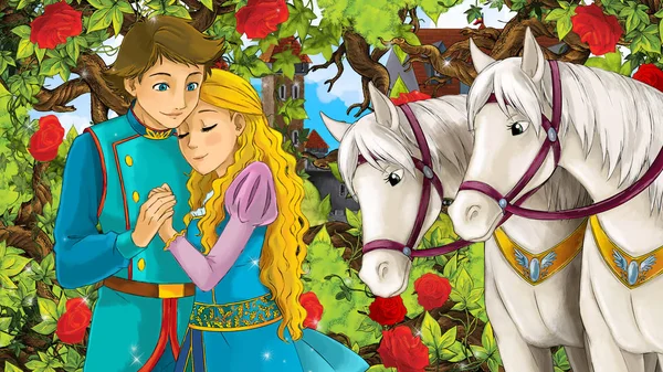 Cartoon Happy Couple Talking Garden Full Roses Illustration Children — Stock Photo, Image