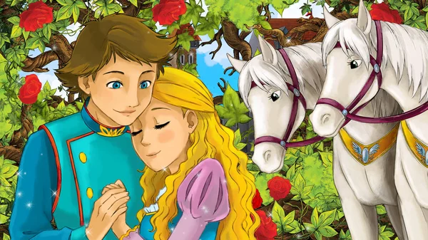 Dibujos Animados Feliz Pareja Hablando Jardín Lleno Rosas Ilustración Para — Foto de Stock