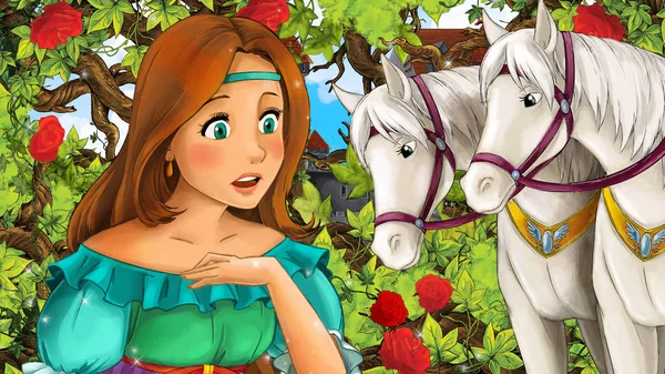 美丽的公主的卡通场面在庭院里与白色马 城堡在背景 例证为孩子 — 图库照片