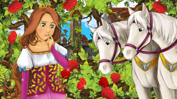 美丽的公主的卡通场面在庭院里与白色马 城堡在背景 例证为孩子 — 图库照片
