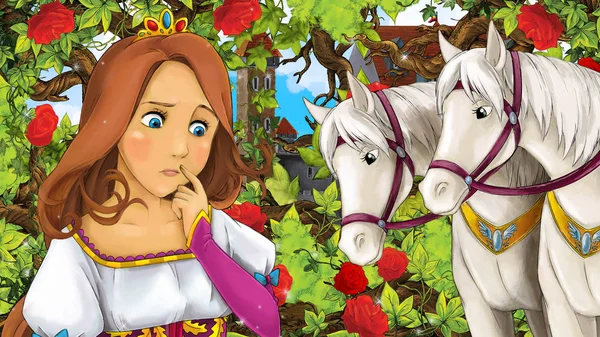 Cartoon Scène Van Mooie Prinses Tuin Met Witte Paarden Kasteel — Stockfoto