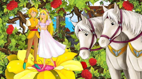 Büyük çiçek çizim çocuklar için beyaz at - yakın duran gül Bahçe dolu konuşuyor karikatür mutlu çift