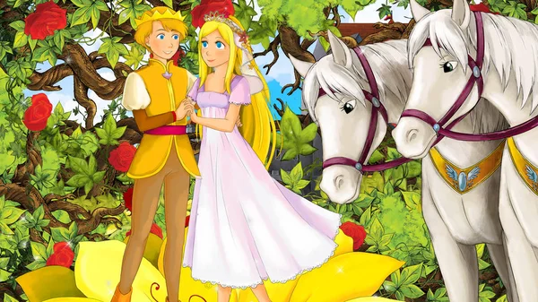 Büyük çiçek çizim çocuklar için beyaz at - yakın duran gül Bahçe dolu konuşuyor karikatür mutlu çift 