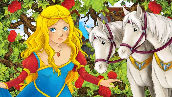 Güzel prenses bahçesinde bulunan beyaz at - kale içinde belgili tanımlık geçmiş - illüstrasyon çocuklar için çizgi film sahne