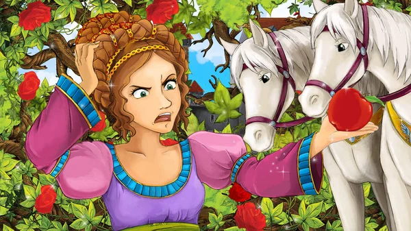 Cartoon scene of beautiful princess in the garden with white horses - castle in the background - illustration for children