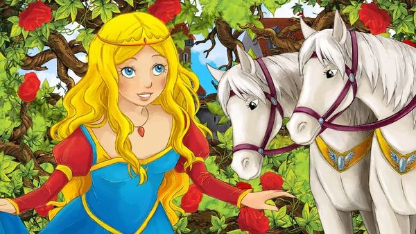 Cartoon scene of beautiful princess in the garden with white horses - castle in the background - illustration for children