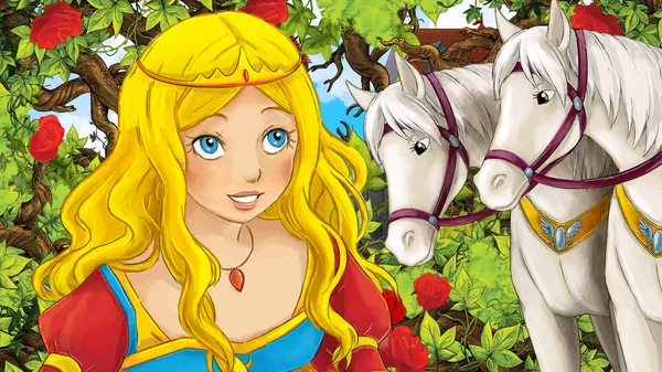 Cartoon Scene Beautiful Princess Garden White Horses Castle Background Illustration — Stock Photo, Image