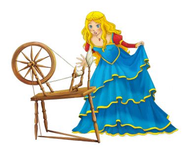 Cartoon beautiful girl smiling standing near spinning wheel - some activity - illustration for children clipart