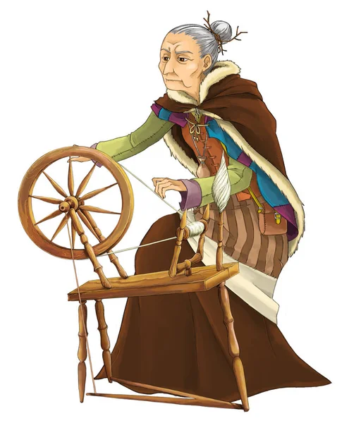 Cartoon Older Woman Spinning Wheel Sorceress Some Activity Illustration Children — Stock Photo, Image