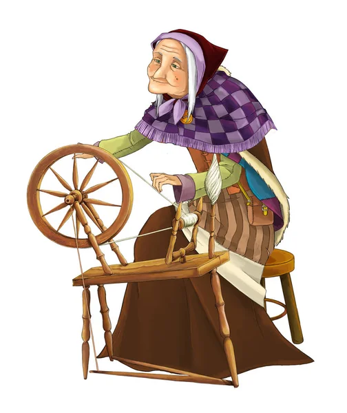 动画片老妇女在转动的轮子附近 一些活动 例证为孩子 — 图库照片