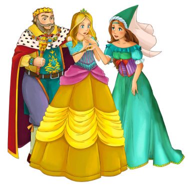 Evli çift birlikte bazı büyücü - çocuklar için illüstrasyon ile konuşurken mutlu çizgi film