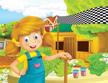 mutlu kız ayakta ve gülümseyen çiftlikte - çalışma ile çizgi film sahne / illüstrasyon çocuklar için