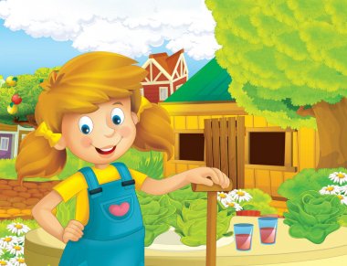 mutlu kız ayakta ve gülümseyen çiftlikte - çalışma ile çizgi film sahne / illüstrasyon çocuklar için