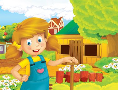 mutlu kız ayakta ve gülümseyen çiftlikte - çalışma ile çizgi film sahne / illüstrasyon çocuklar için