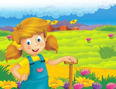 mutlu kız ayakta ve gülümseyen çiftlikte - çalışma ile çizgi film sahne / illüstrasyon çocuklar için