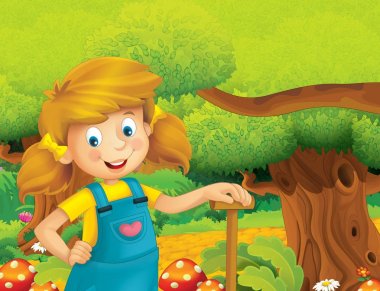 mutlu kız ayakta ve gülümseyen çiftlikte - çalışma ile çizgi film sahne / illüstrasyon çocuklar için