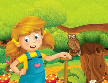 mutlu kız ayakta ve gülümseyen çiftlikte - çalışma ile çizgi film sahne / illüstrasyon çocuklar için