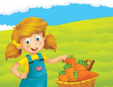 mutlu kız ayakta ve gülümseyen çiftlikte - çalışma ile çizgi film sahne / illüstrasyon çocuklar için