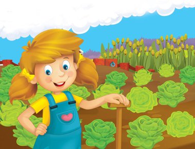 mutlu kız ayakta ve gülümseyen çiftlikte - çalışma ile çizgi film sahne / illüstrasyon çocuklar için