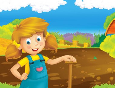 mutlu kız ayakta ve gülümseyen çiftlikte - çalışma ile çizgi film sahne / illüstrasyon çocuklar için