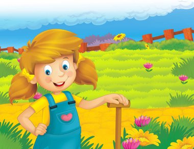 mutlu kız ayakta ve gülümseyen çiftlikte - çalışma ile çizgi film sahne / illüstrasyon çocuklar için