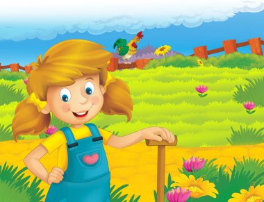 mutlu kız ayakta ve gülümseyen çiftlikte - çalışma ile çizgi film sahne / illüstrasyon çocuklar için