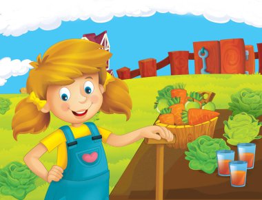 mutlu kız ayakta ve gülümseyen çiftlikte - çalışma ile çizgi film sahne / illüstrasyon çocuklar için