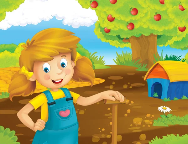 Cartoon Scene Happy Girl Working Farm Standing Smiling Illustration Children — Stock Photo, Image