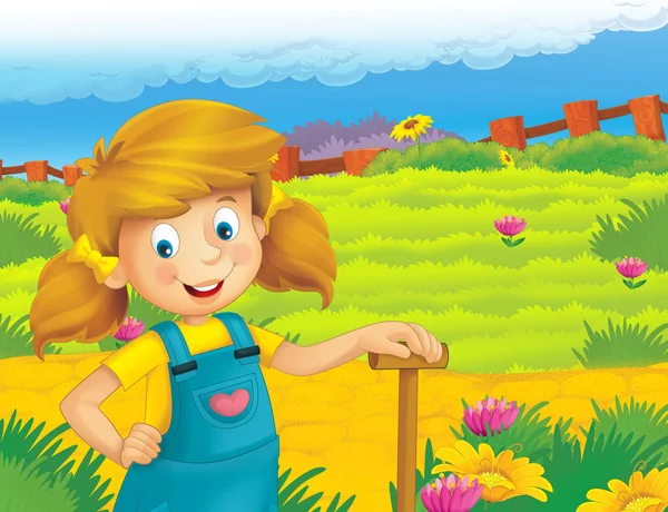 mutlu kız ayakta ve gülümseyen çiftlikte - çalışma ile çizgi film sahne / illüstrasyon çocuklar için