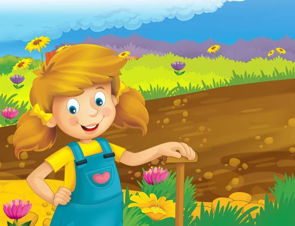 卡通场面与愉快的女孩工作在农场站立和微笑或例证为孩子 — 图库照片