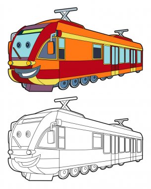 Çizgi film hızlı Elektrikli tren gülümseyen illüstrasyon - sayfa boyama - çocuklar için