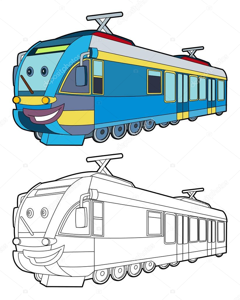 Cartoon fast electric train smiling - coloring page - illustration for children