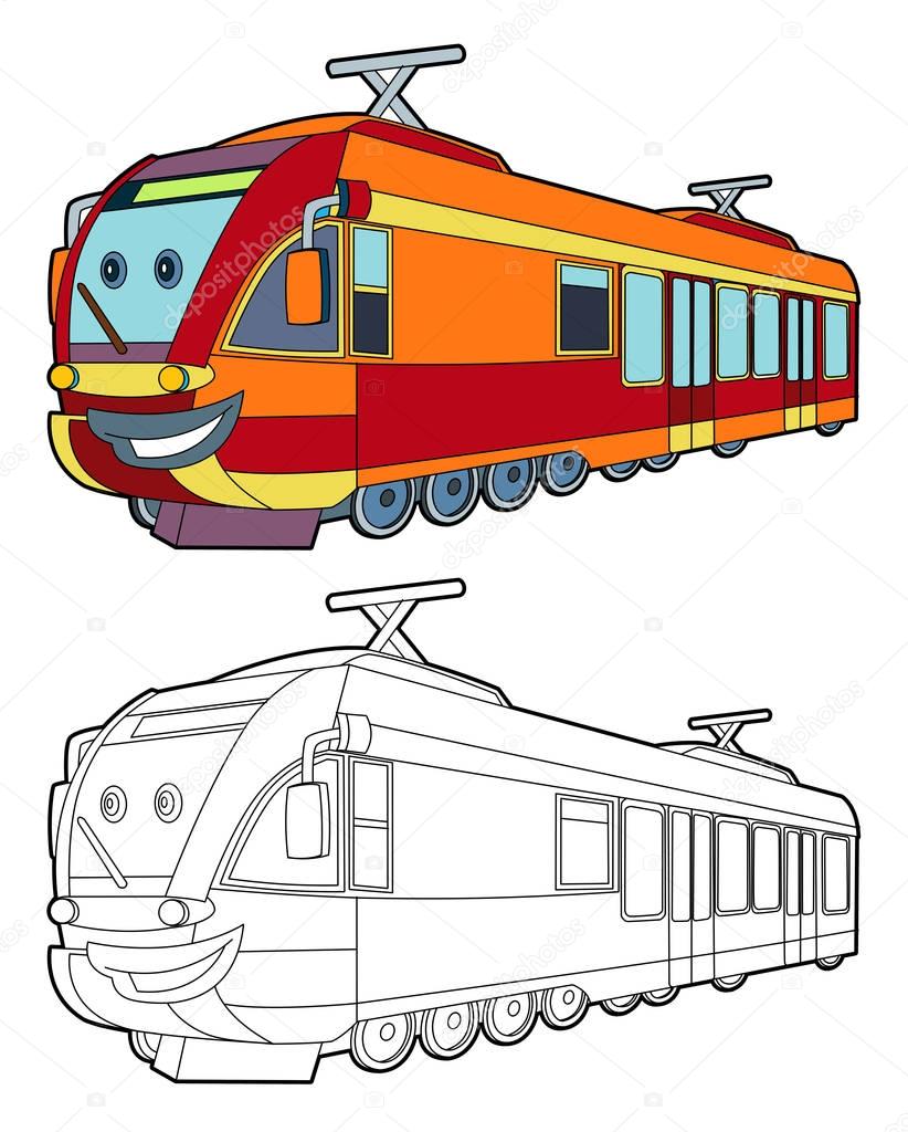 Cartoon fast electric train smiling - coloring page - illustration for children