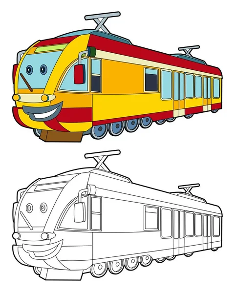 Dibujos Animados Tren Eléctrico Rápido Sonriendo Página Para Colorear Ilustración —  Fotos de Stock