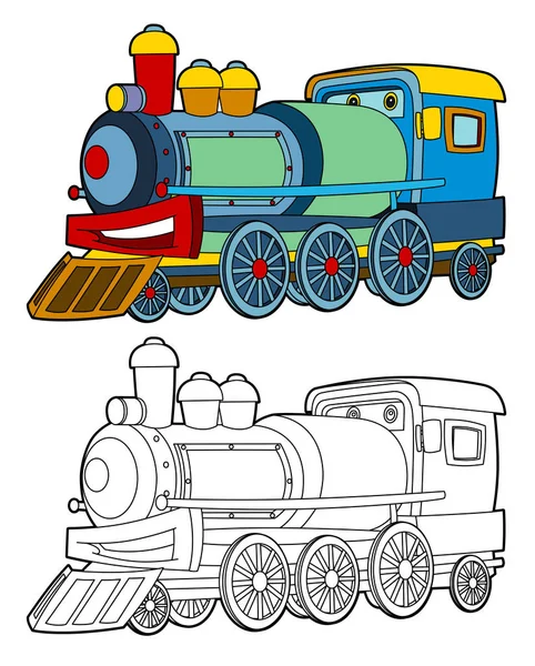 Desenhos Animados Engraçado Olhando Trem Vapor Ilustração Para Crianças — Fotografia de Stock