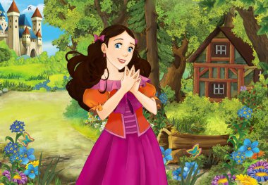 Çizgi film sahne orman ahşap kulübe - illüstrasyon çocuklar için güzel bir kızla