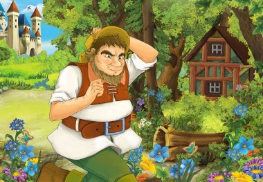 Orman - illüstrasyon çocuklar için gizli ahşap kulübe yakın çalışan bir çiftçi ile çizgi film sahne