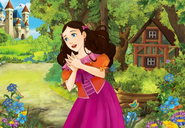 Cartoon Scene Some Beautiful Girl Forest Wooden Hut Illustration Children — Stock Photo, Image