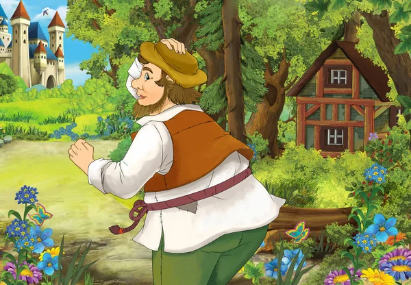 Orman - illüstrasyon çocuklar için gizli ahşap kulübe yakın çalışan bir çiftçi ile çizgi film sahne