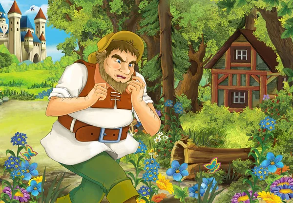 Cartoon Scene Some Farmer Running Wooden Hut Hidden Forest Illustration — Stock Photo, Image