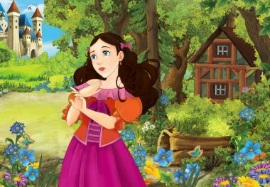 Çizgi film sahne orman ahşap kulübe - illüstrasyon çocuklar için güzel bir kızla