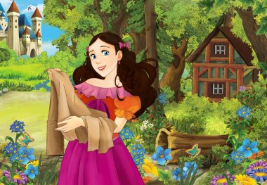 Çizgi film sahne orman ahşap kulübe - illüstrasyon çocuklar için güzel bir kızla