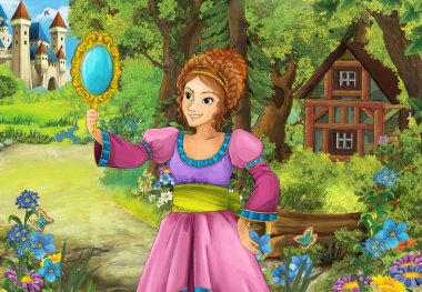 Çizgi film sahne orman ahşap kulübe ayna - gösterim amacıyla çocuk bakarak içinde güzel bir kızla