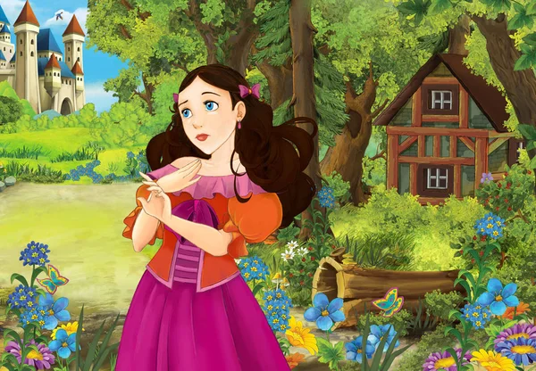 Çizgi film sahne orman ahşap kulübe - illüstrasyon çocuklar için güzel bir kızla