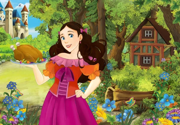 Çizgi film sahne orman ahşap kulübe kavrulmuş tavuk - illüstrasyon çocuklar için tutan güzel bir kızla