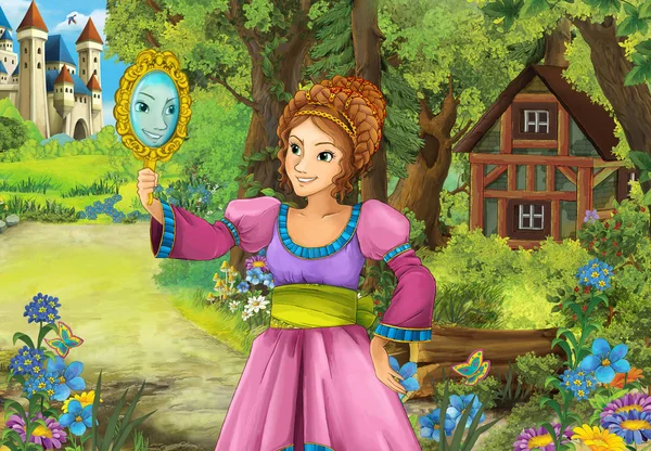 Çizgi film sahne orman ahşap kulübe ayna - gösterim amacıyla çocuk bakarak içinde güzel bir kızla