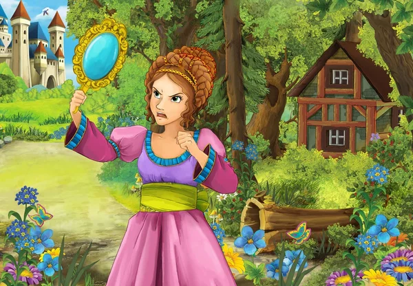 Çizgi film sahne orman ahşap kulübe ayna - gösterim amacıyla çocuk bakarak içinde güzel bir kızla