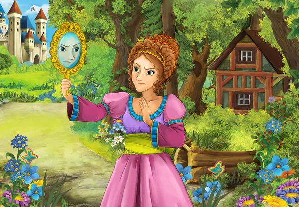 Çizgi film sahne orman ahşap kulübe ayna - gösterim amacıyla çocuk bakarak içinde güzel bir kızla